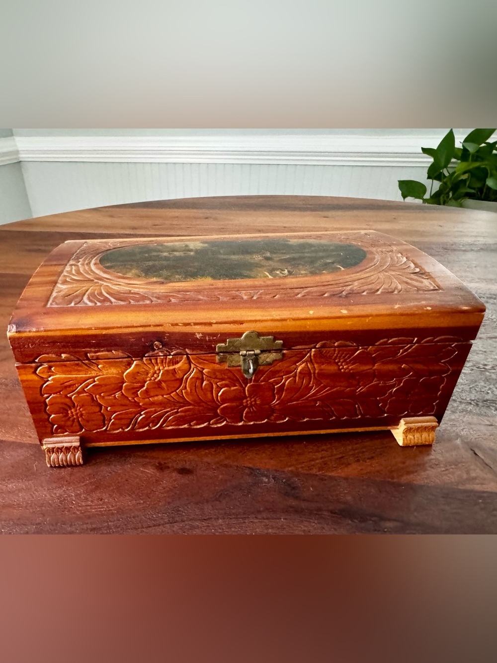 Vintage Hand Carved Wooden Cedar Box w/handles Country Farm Scene Geese 11"